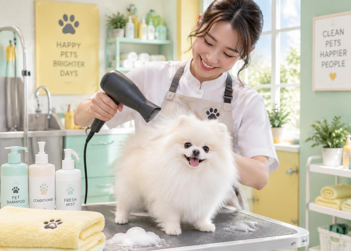 Pomeranian being blow dried at the grooming salon