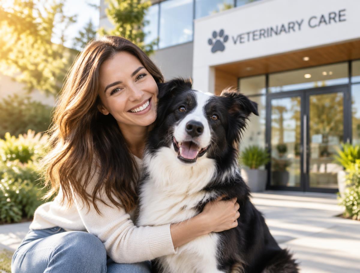 A pet owner sharing a happy moment with her border collie outside the clinic