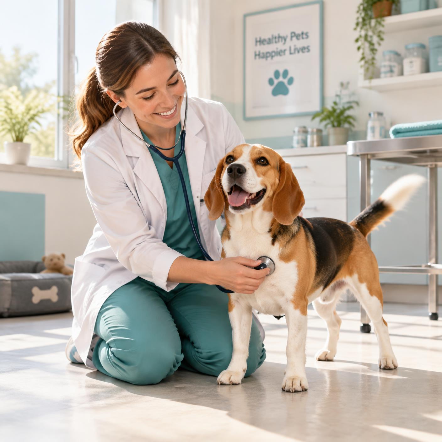 Veterinarian performing a calm wellness check with a beagle
